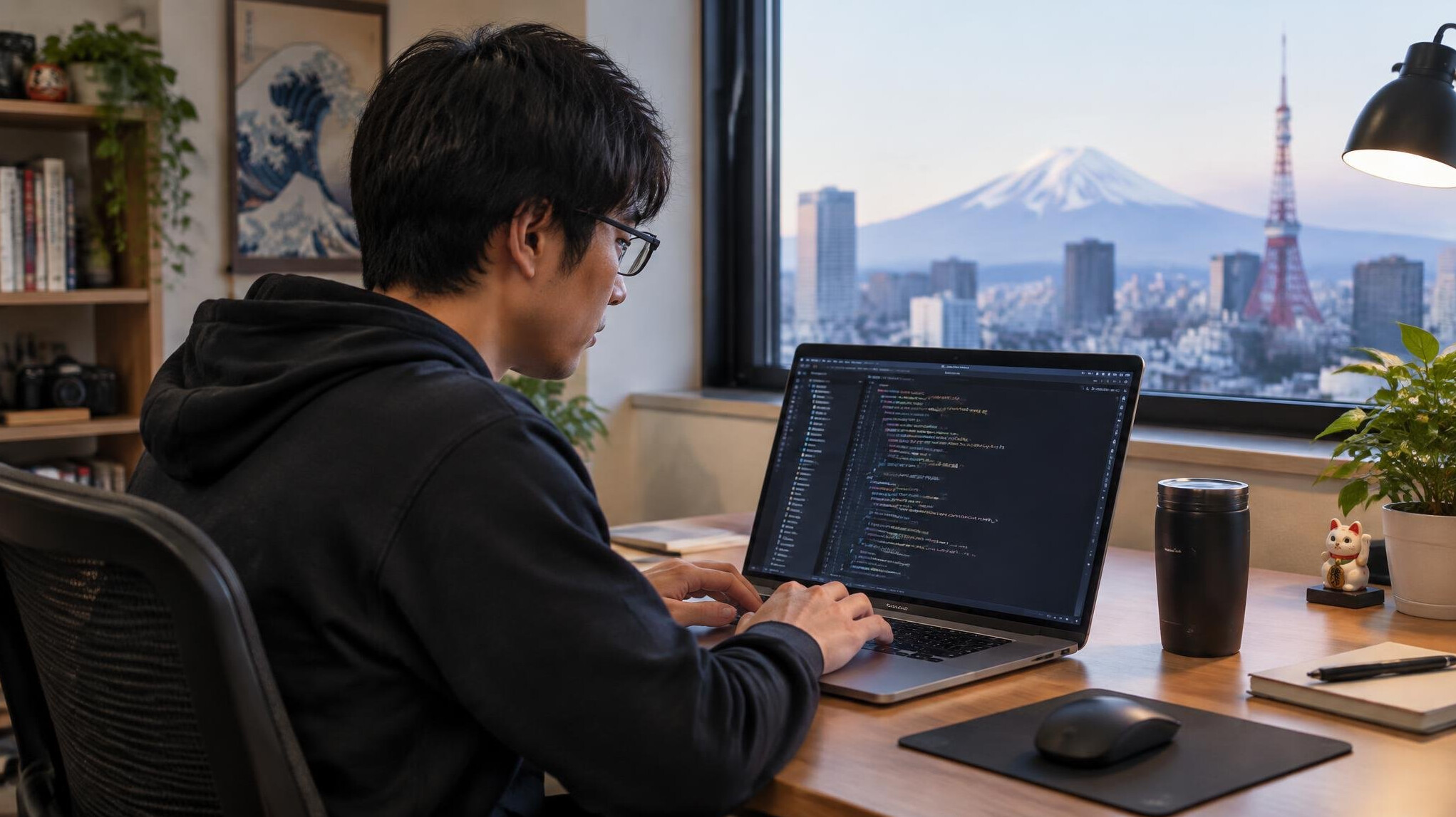 japanese programmer at desk
