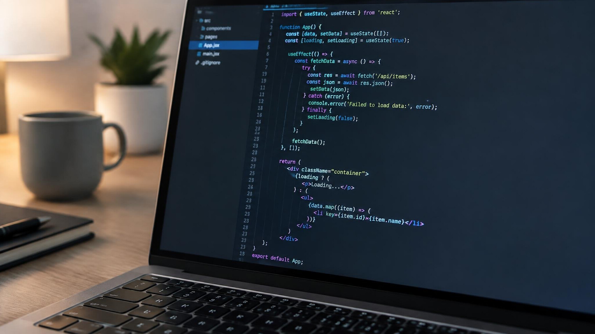 Close-up of a laptop screen showing programming code in an editor