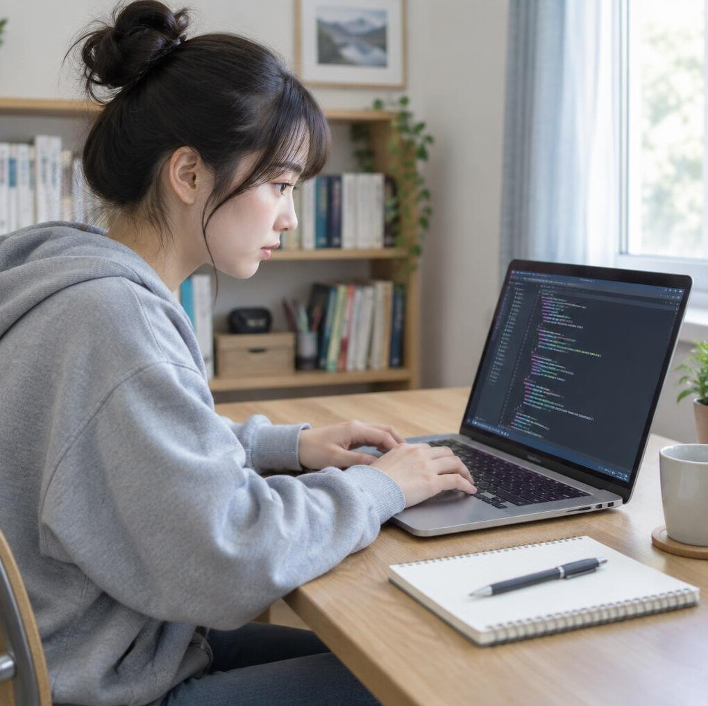 Young Japanese person studying programming on a laptop at a desk