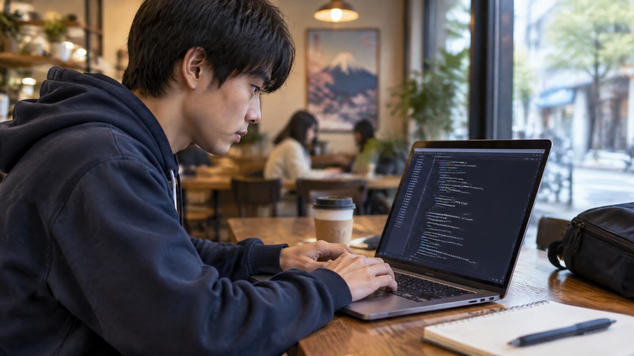 person coding on laptop in cafe