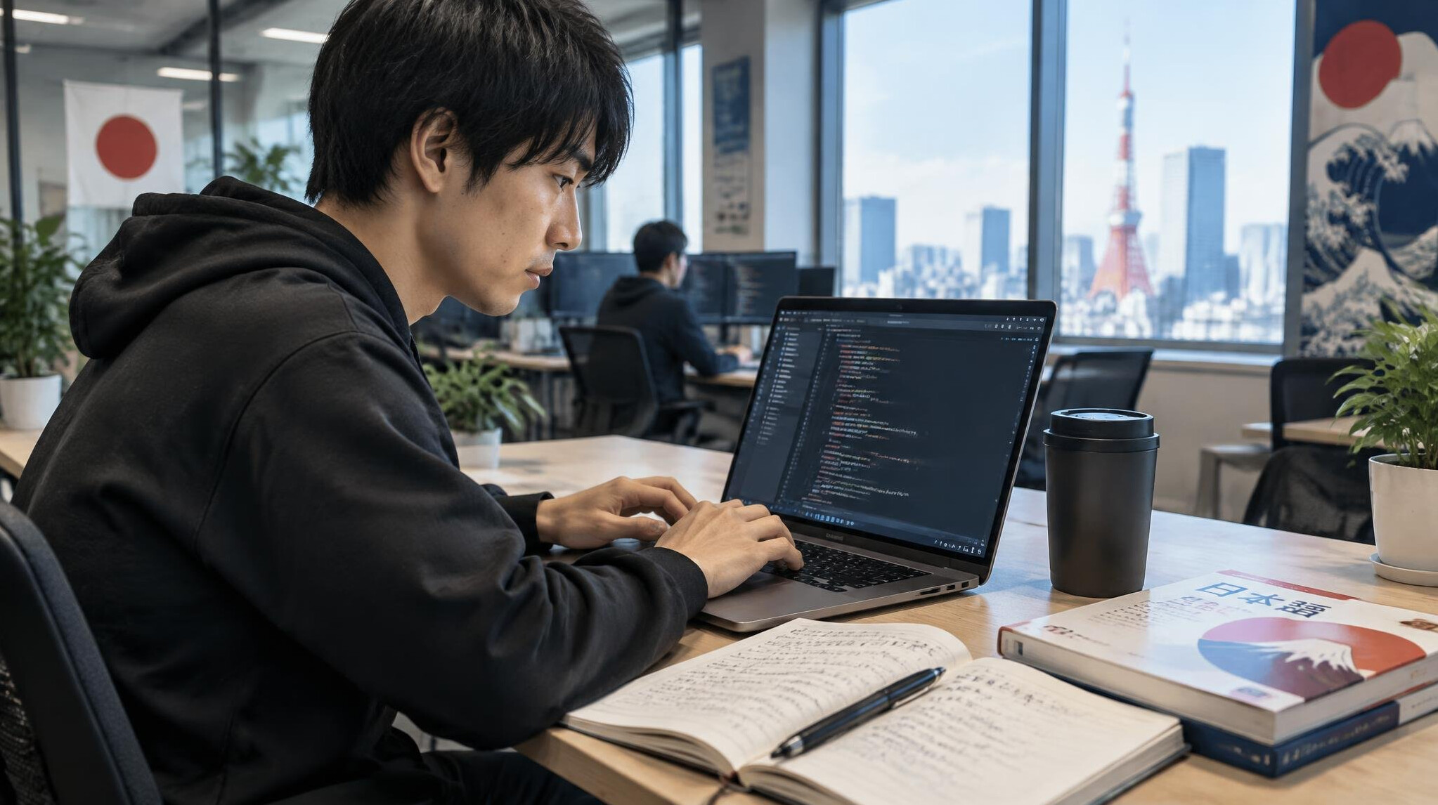 japanese programmer at desk