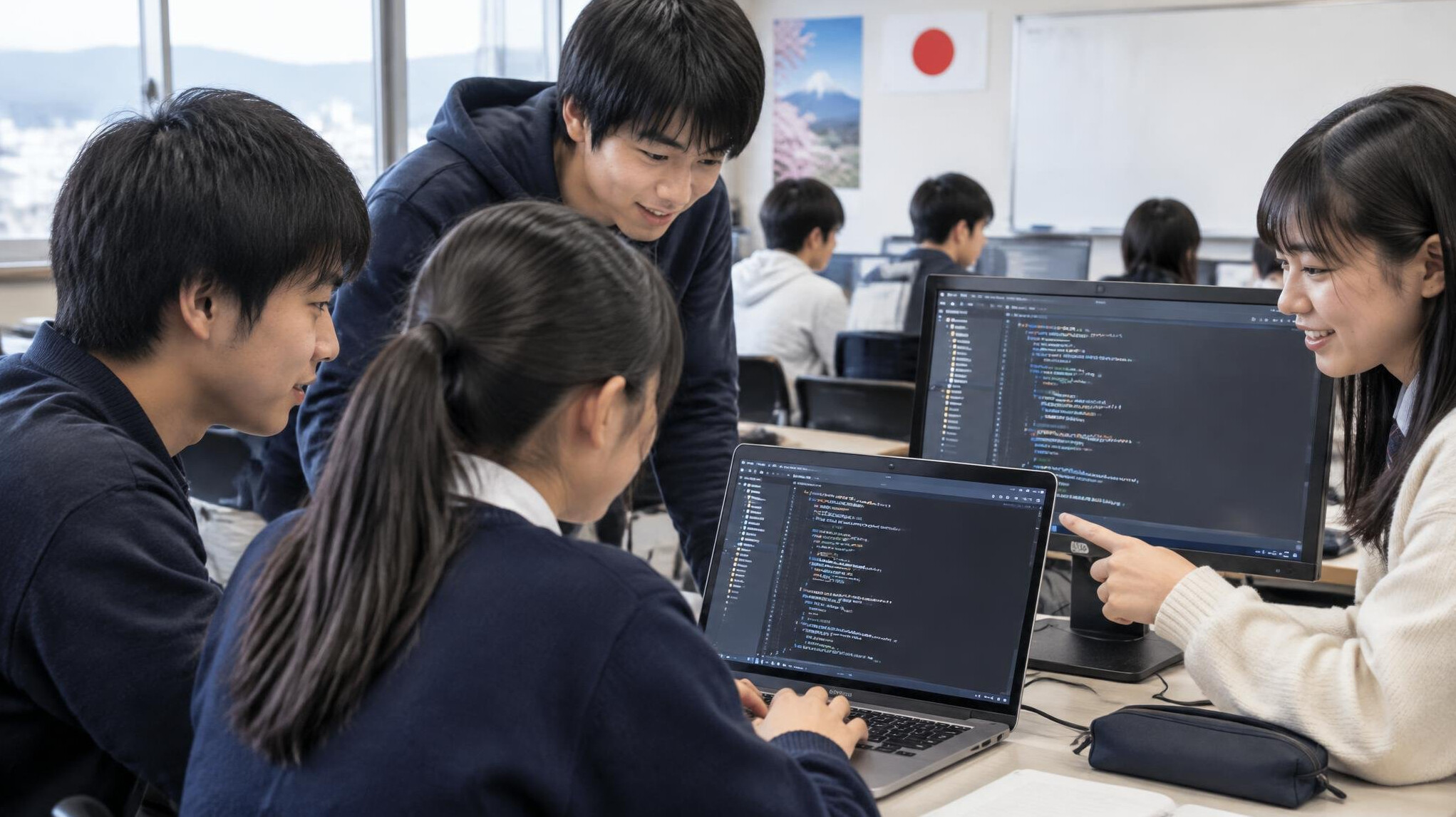 japanese students coding together